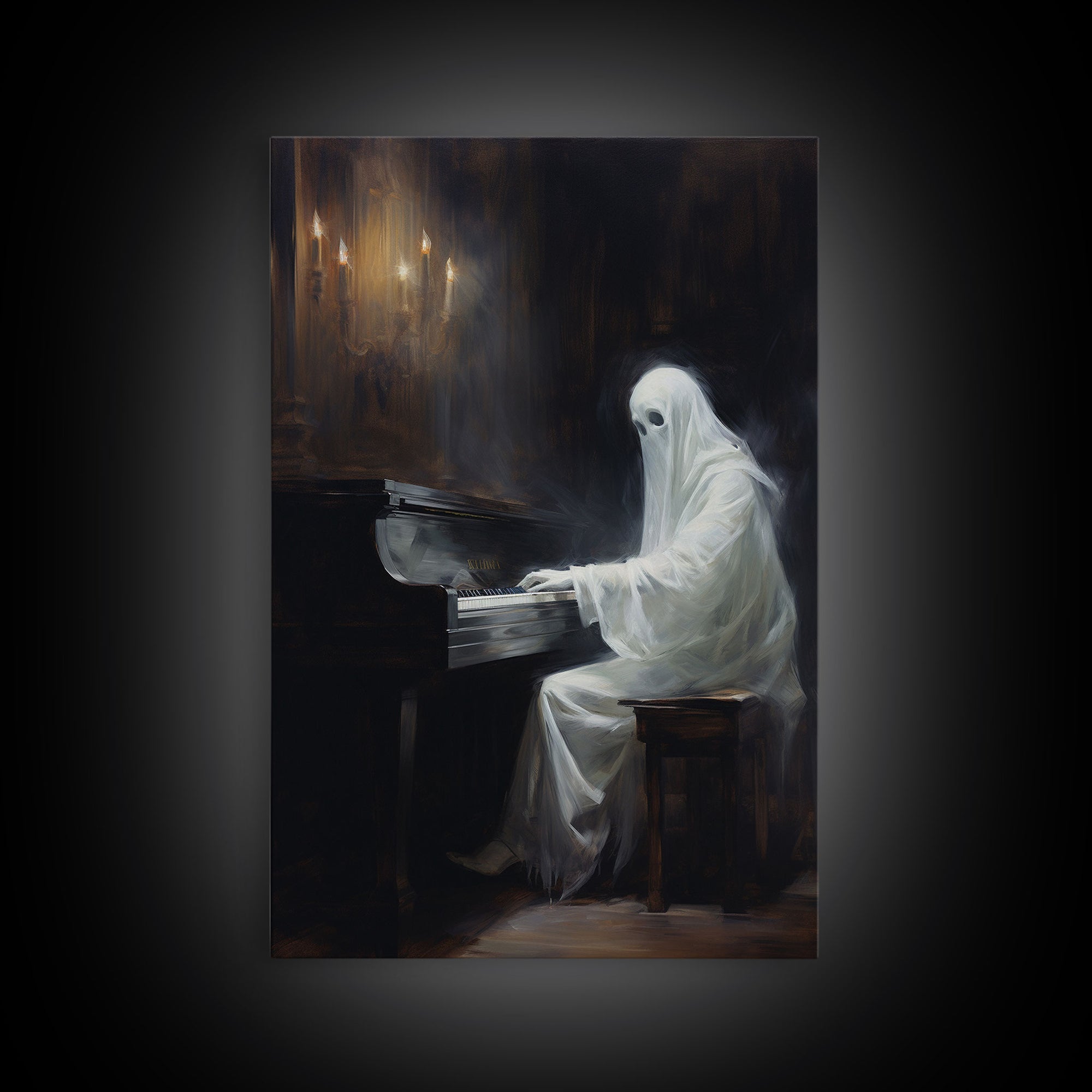 Spooky White Ghost Playing A Piano, Gothic Victorian Halloween Art, Halloween Decoration / Wall Art, Skeleton Art, Gothic Oil Painting