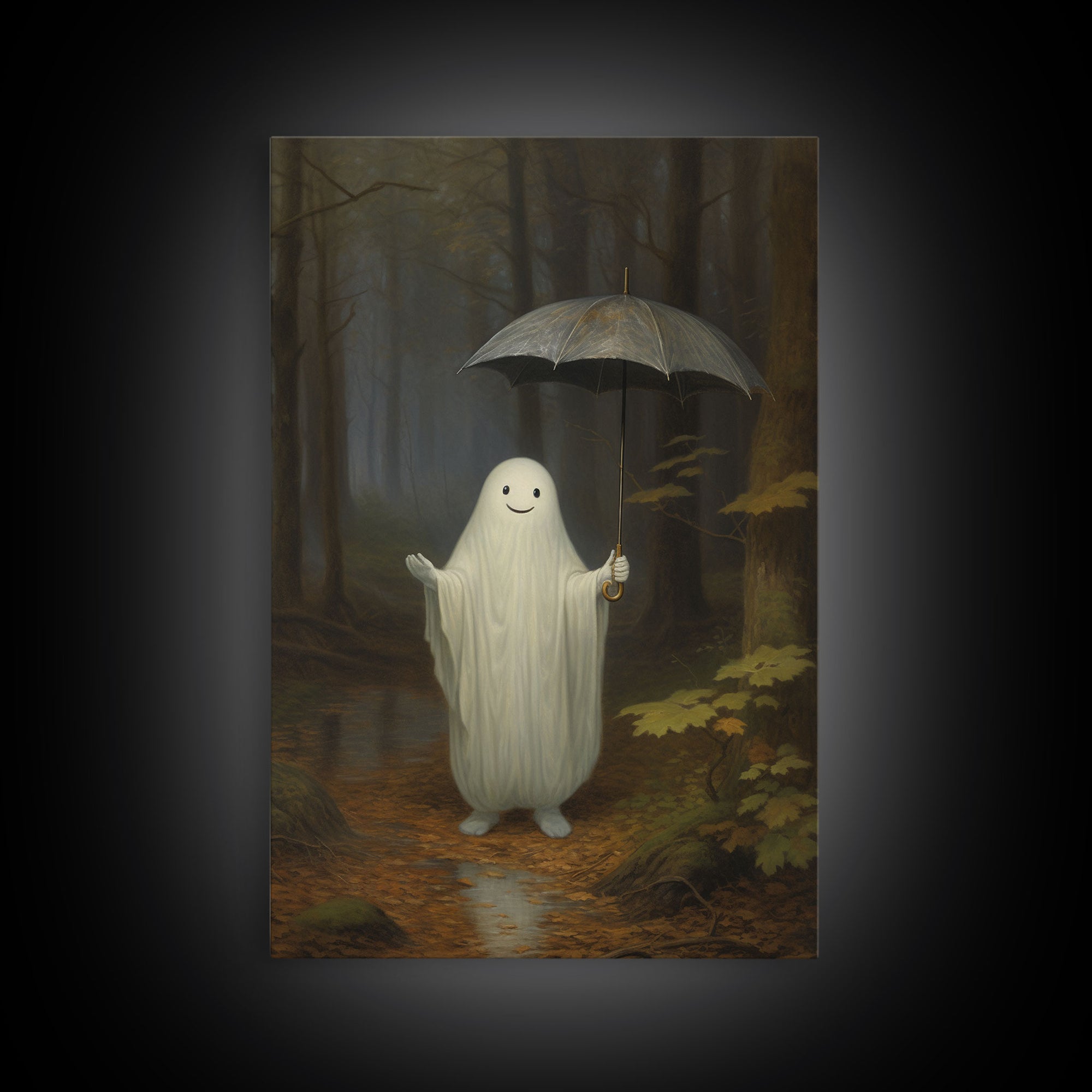Goofy Ghost In The Rain,  Vintage Halloween Canvas, Framed Canvas Print, Cute Wall Art, Who's Haunting Who?