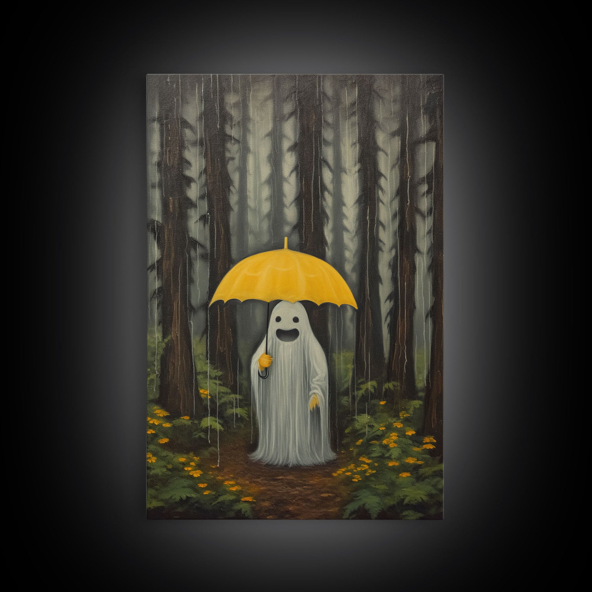 Happy Ghost In The Rain,  Vintage Halloween Canvas, Framed Canvas Print, Cute Wall Art, Who's Haunting Who?