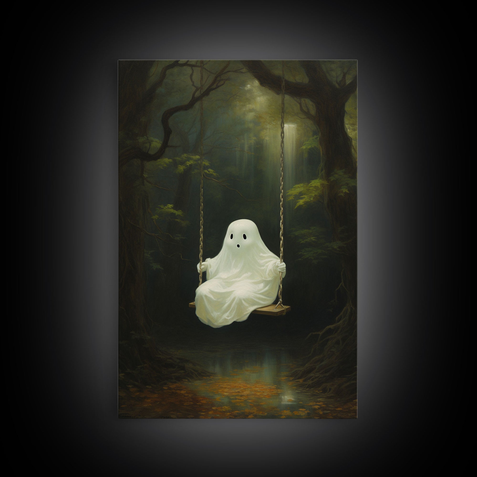 Cute Little Boo Playground Ghost, Funny Halloween, Vintage Halloween Canvas, Framed Canvas Print, Cute Wall Art, Ghost On A Swing, Macabre
