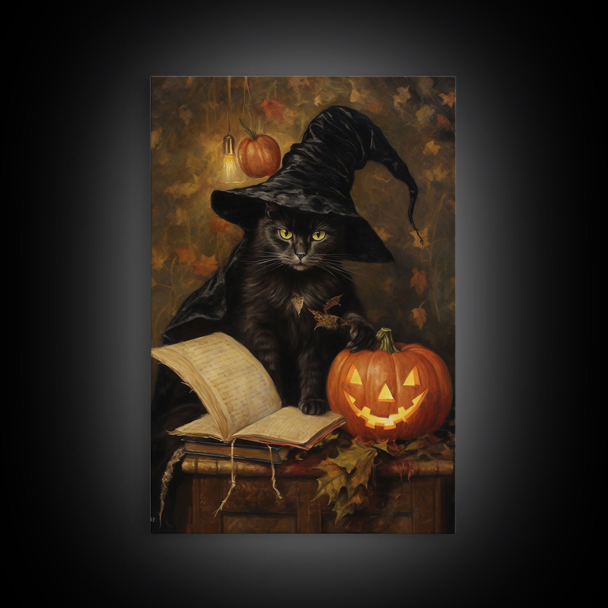 Cute Witch Cat Reading Her Book Of Spells, Vintage Halloween Art, Framed Canvas Print, Halloween Canvas Art, Witchcraft