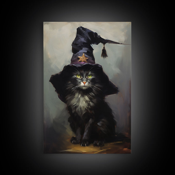 The Wizard Cat, Framed Canvas Print, Dark Academia Halloween Art, Victorian Cat Oil Painting, Goth Halloween Decor