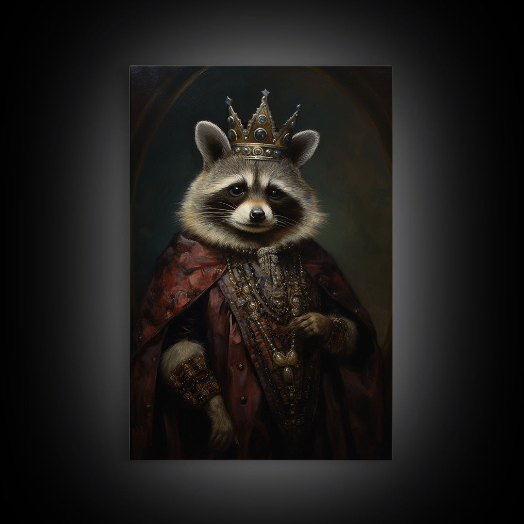 The Raccoon King, Framed Canvas Print Or Canvas, Victorian Animal Print Oil Painting, Funny Halloween Decor