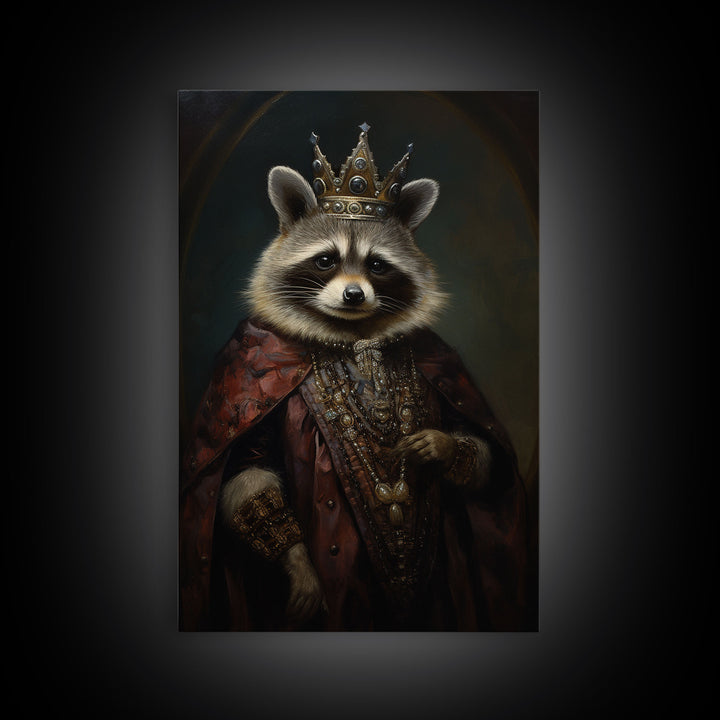 The Raccoon King, Framed Canvas Print Or Canvas, Victorian Animal Print Oil Painting, Funny Halloween Decor