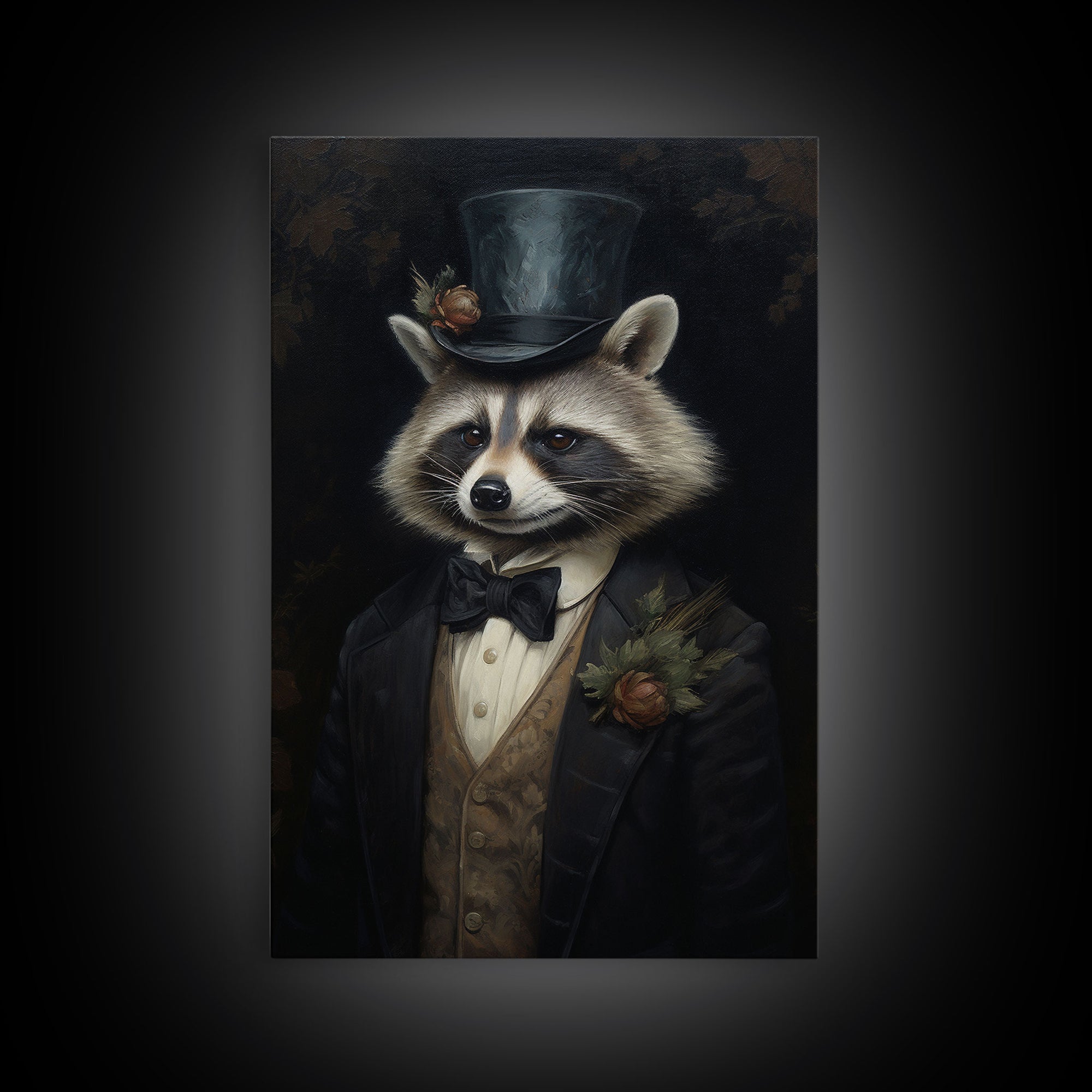 Distinguished Dapper Gentleman Raccoon, Funny Animal Prints, Humorous Art, Framed Canvas, Wall Art, Canvas Print, Funny Halloween Decor
