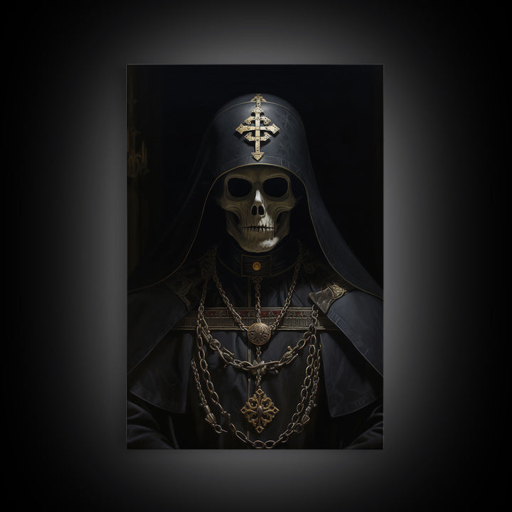 The Preacher, Gothic Skeleton Priest, Spooky Halloween Wall Art, Canvas Print, Framed Halloween Canvas Print, Dark Academia, Goth Art