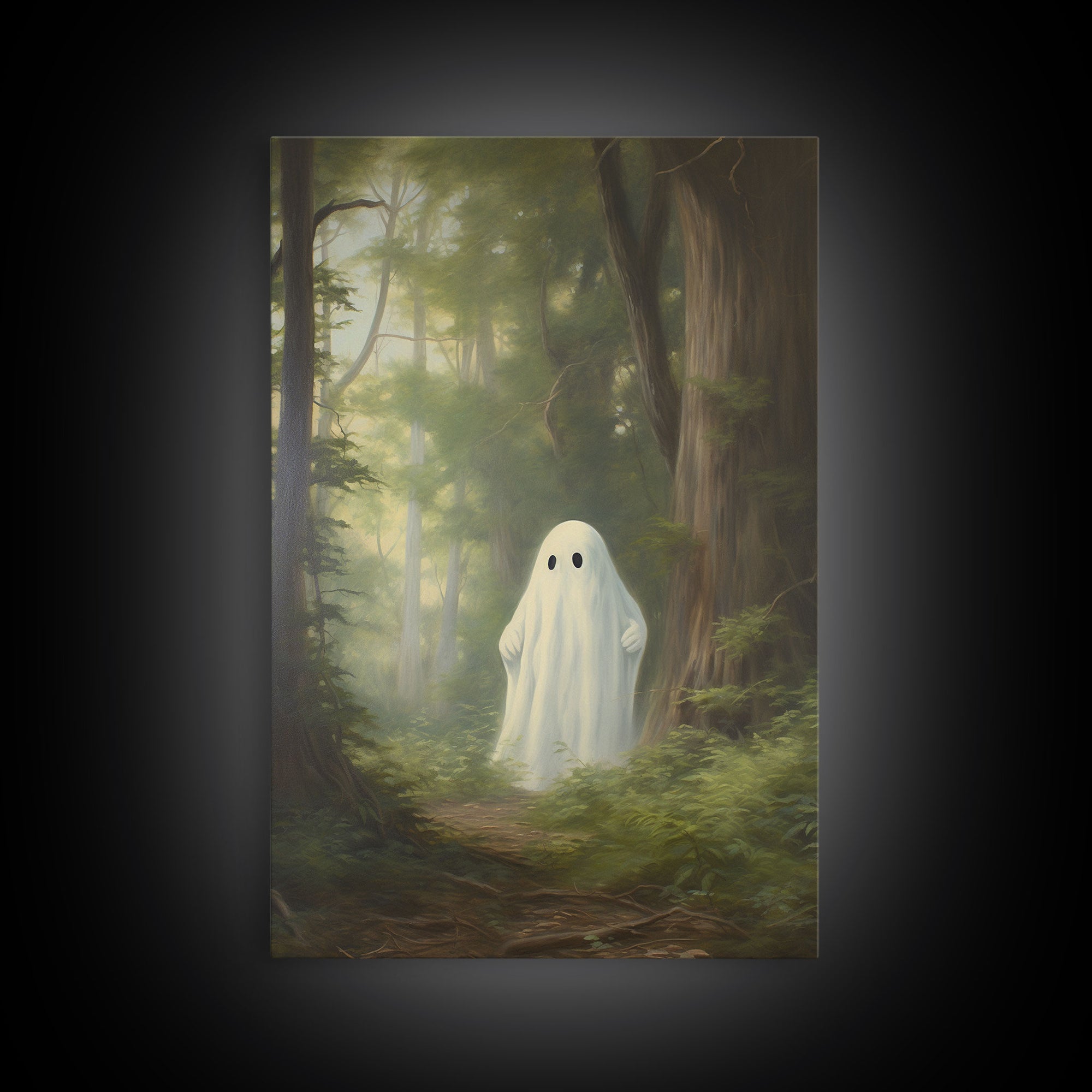 Cute Little Ghost In The Forest, Gothic Victorian Haunted Art, Dark Academia, Framed Canvas or Canvas Art, Cool Wall Art, Halloween Decor