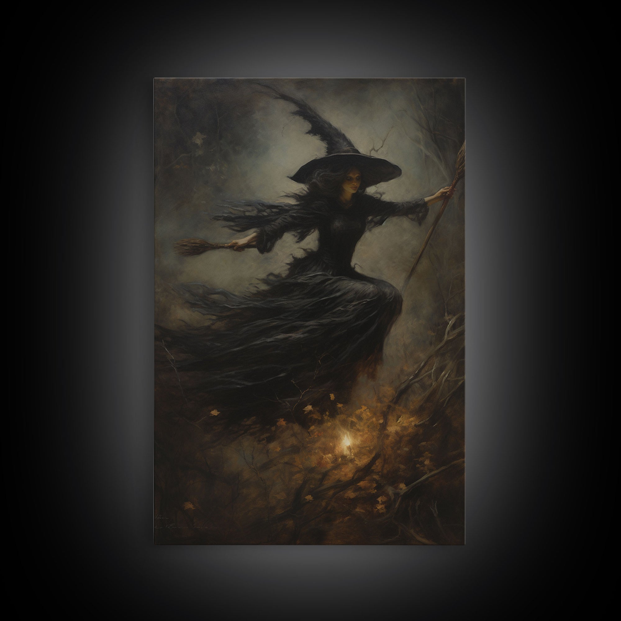 Spooky Season Witch Decor, Witch Painting Framed Canvas Print, Halloween Art, Witch Art, Witchcraft, Witch Decor, Felt Witch Hat