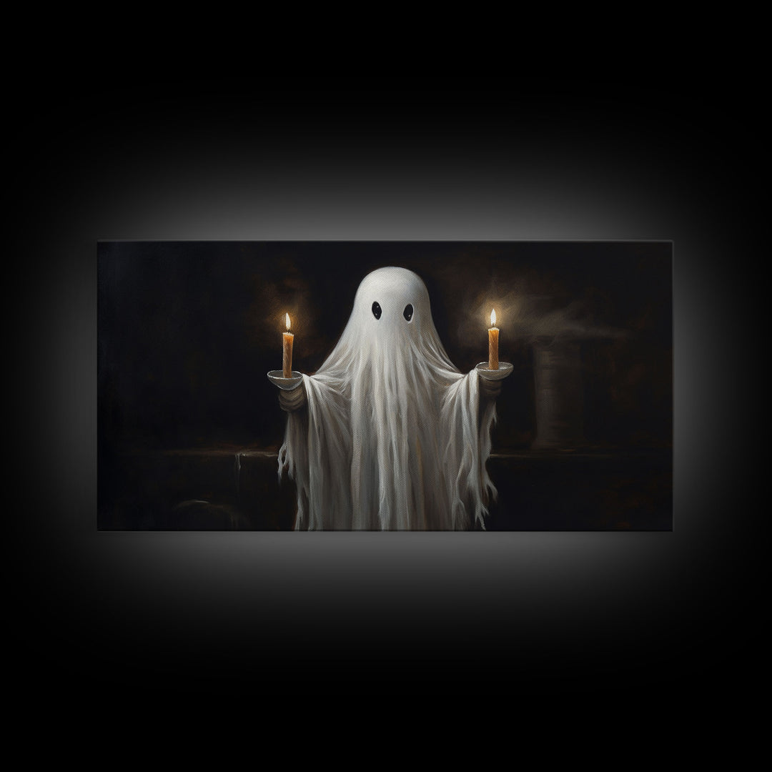 Cute Ghost Holding Candles, Framed Canvas Print, Dark Academia Wall Art, Victorian Oil Painting Style Halloween Wall Art, Ghost Print