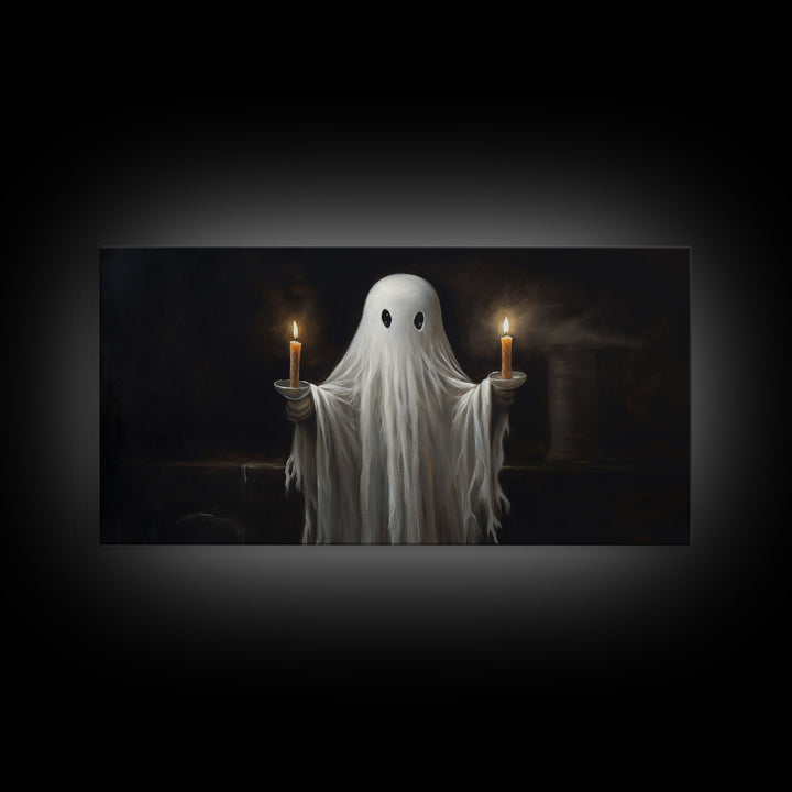 Cute Ghost Holding Candles, Framed Canvas Print, Dark Academia Wall Art, Victorian Oil Painting Style Halloween Wall Art, Ghost Print