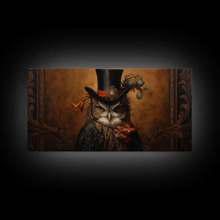 Gothic Victorian Owl Portrait, Framed Canvas Print, Halloween Wall Art, Unique Wall Decor, Owl Painting