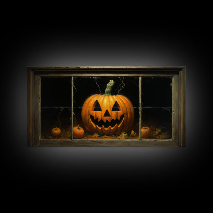 Jack O Lantern Art, Framed Canvas Print, Halloween Decor, Horror Prints, The Jack O Lantern In The Window