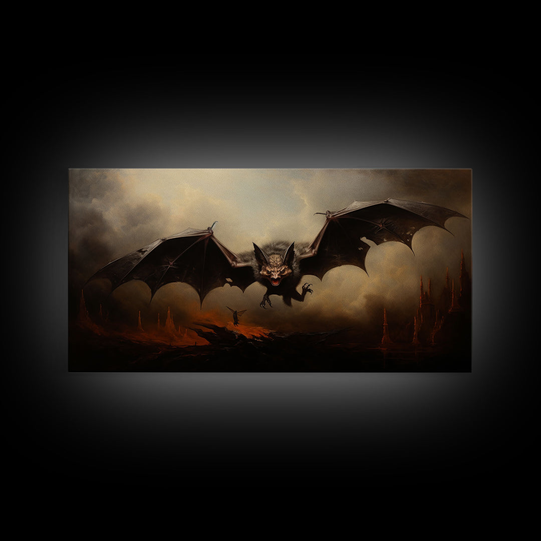 Vampire Bat Painting, Vintage Poster, Framed Canvas Print, Art Poster Print, Dark Academia, Dracula, Halloween Decor, Halloween Art Print