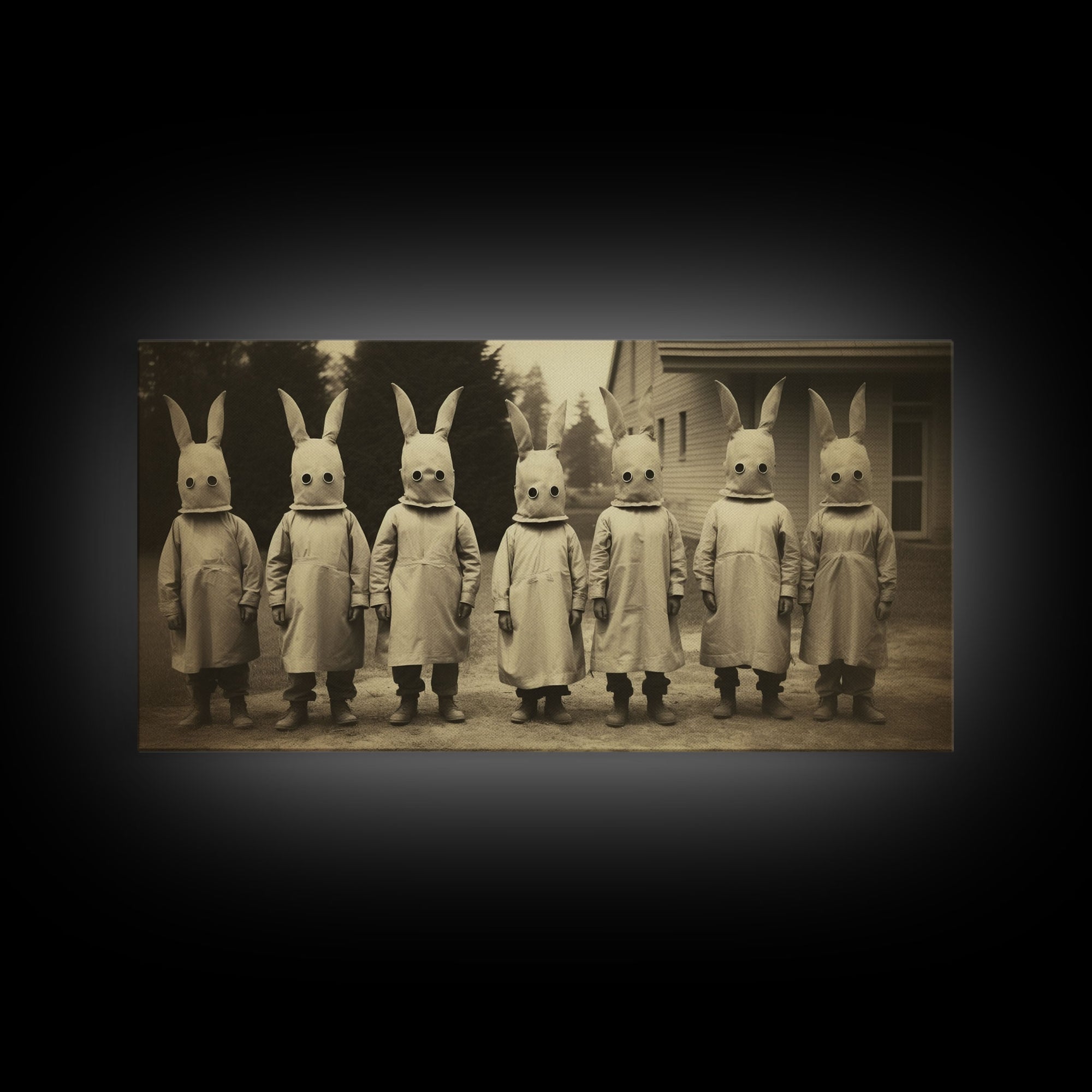 Cult Of The Bunny, Creepy Halloween Trick Or Treaters, Framed Canvas Print, Vintage Tintype Photography Art, Halloween Art Print