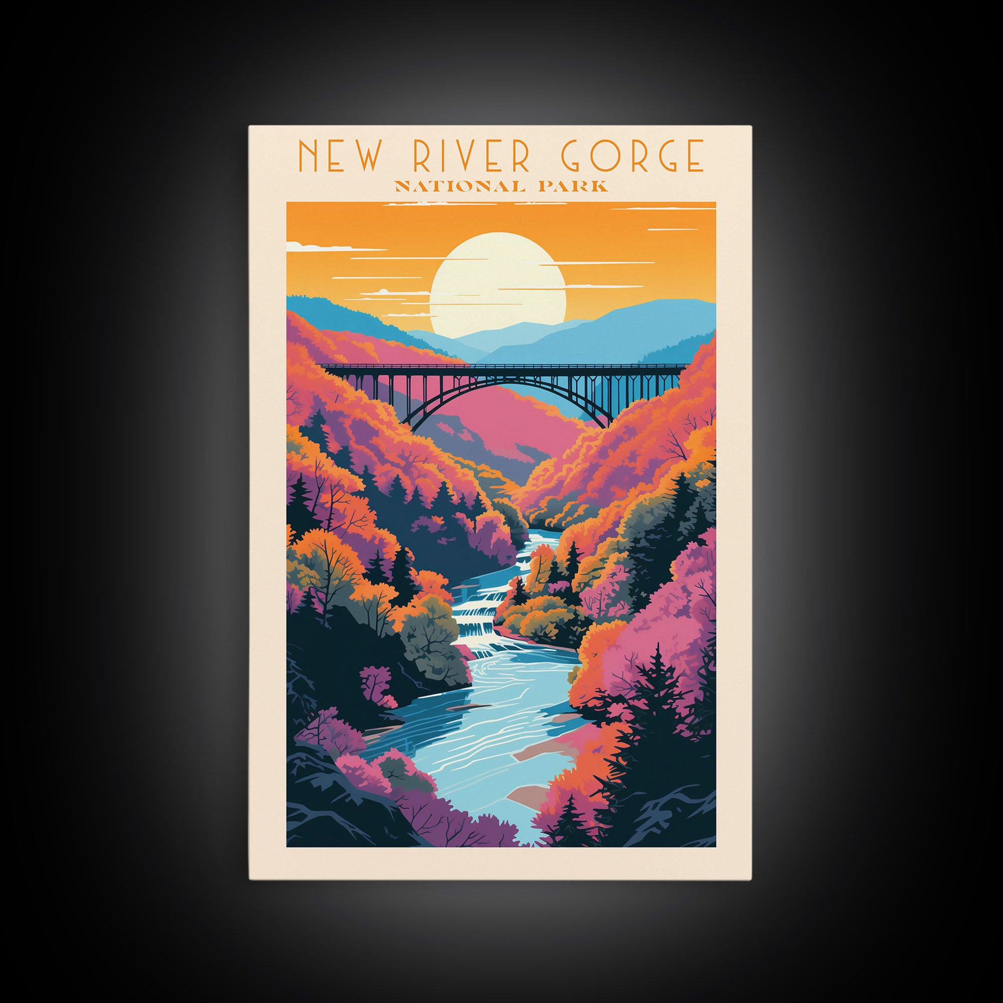 New River Gorge National Park Travel Art, National Park Print, Minimalist Travel Art, Midcentury Modern Style Landscape Painting