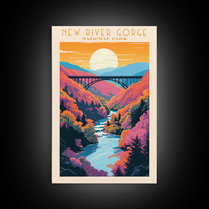 New River Gorge National Park Travel Art, National Park Print, Minimalist Travel Art, Midcentury Modern Style Landscape Painting