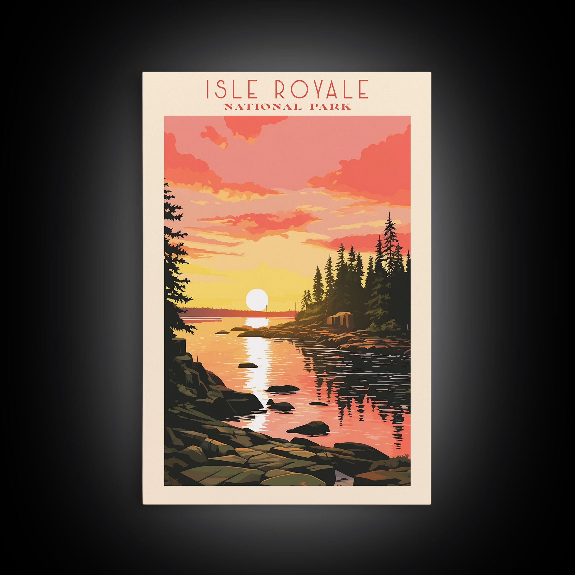 Isle Royale National Park Michigan Travel Art, National Park Print, Minimalist Travel Art, Midcentury Modern Style Landscape Painting