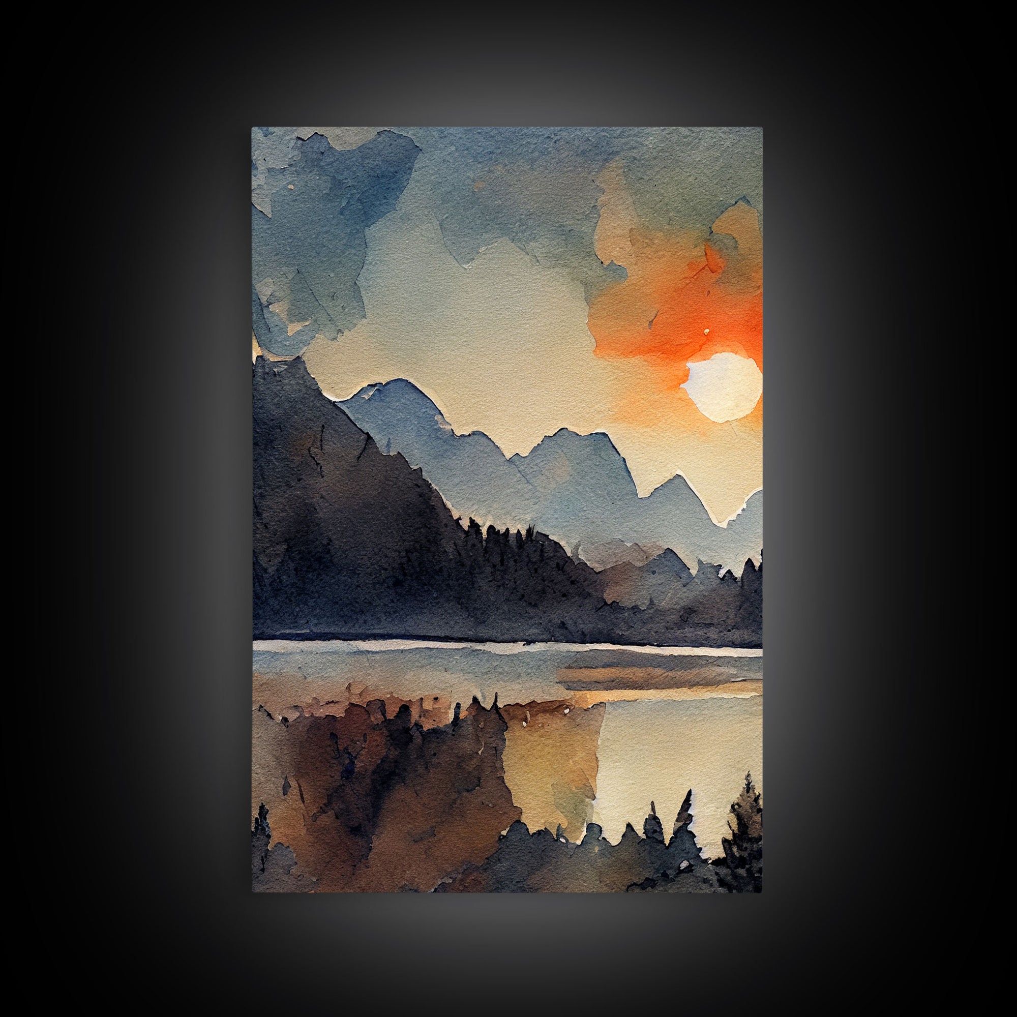 Watercolor Painting Of A Sunrise, Orange Forest and Mountain Landscape, 3 Piece Canvas Decor, 3 Piece Wall Art, Ready To Hang Canvas Prints