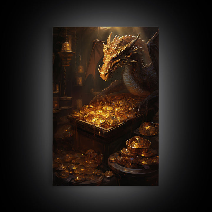 Dragon Art, Fantasy Art, Treasure Chest, Canvas Print, Wall Hanging, Portrait Art, Video Game Art, Nerdy Home Decor, Gift For Friend