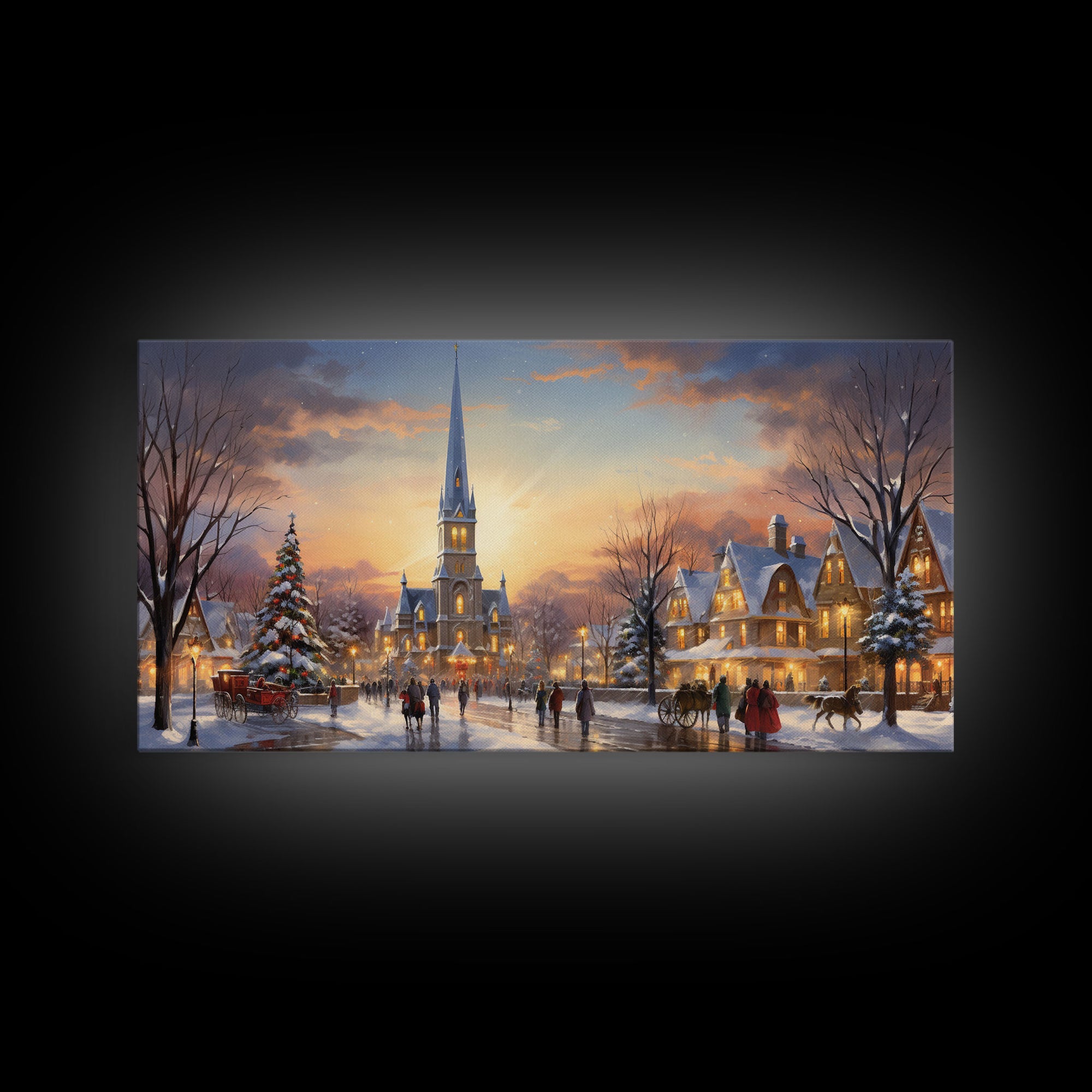 Christmas Centerpiece Wall Art - Framed Canvas Print - Winter Wonderland Victorian Village Decorated for Christmas Canvas Wall Art - Vintage