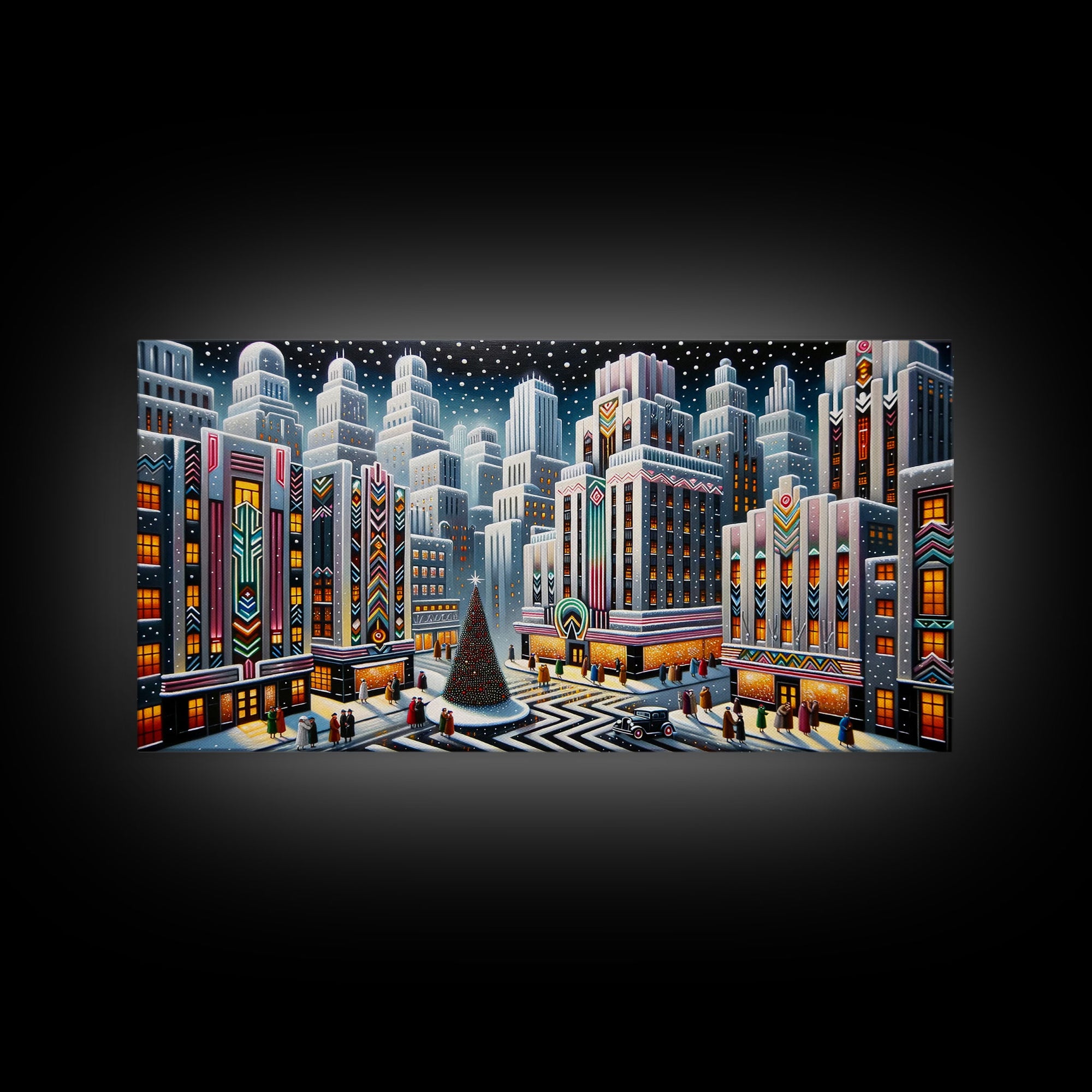 Vintage Style Art Deco Christmas Village | Framed Canvas Print | Winter Centerpiece | Retro Christmas Art | Vintage Christmas Decor