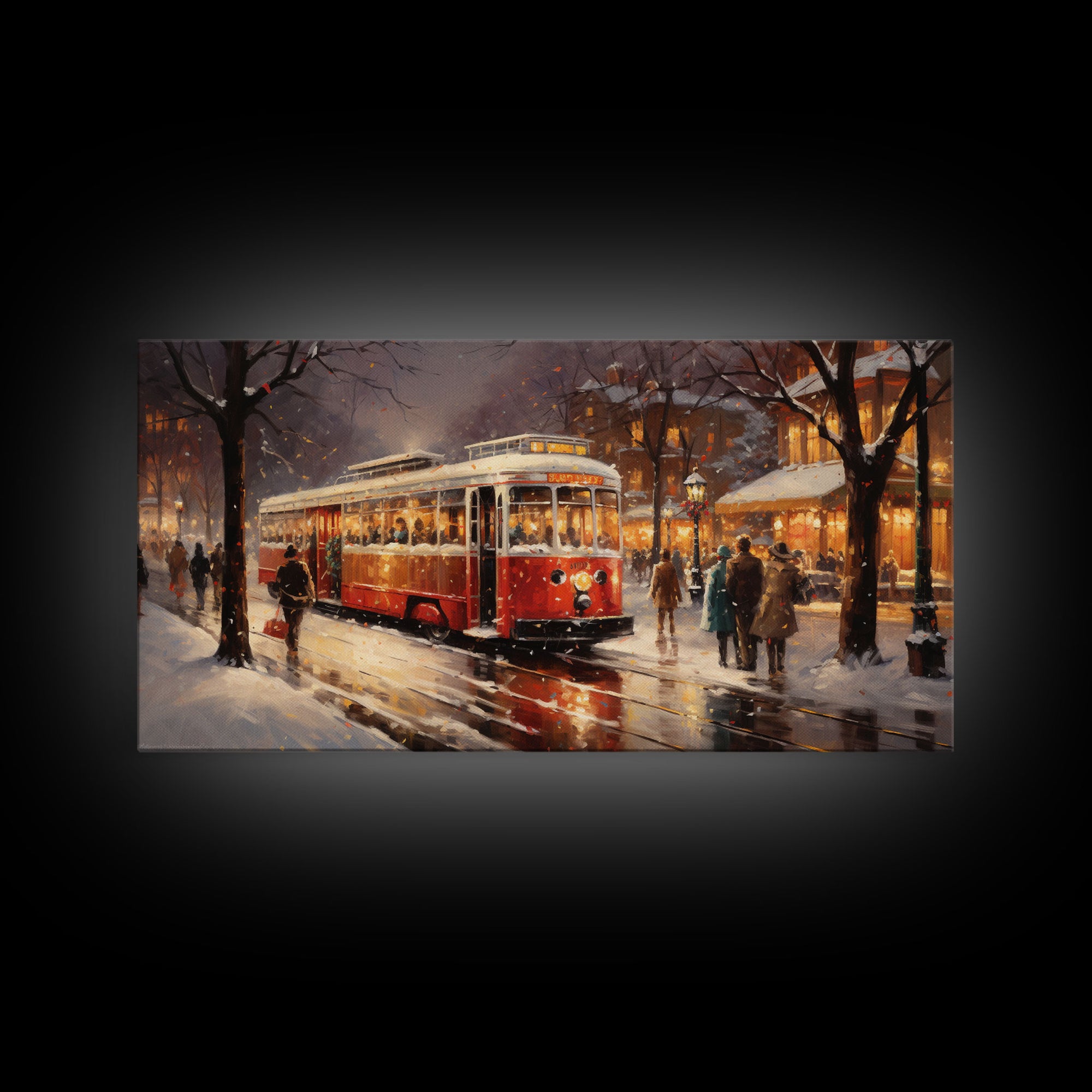 Retro Red Trolley Car Decorated For Christmas, Framed Canvas Print, Christmas Wall Art, Christmas Decor Mom Christmas Gift Christmas Village