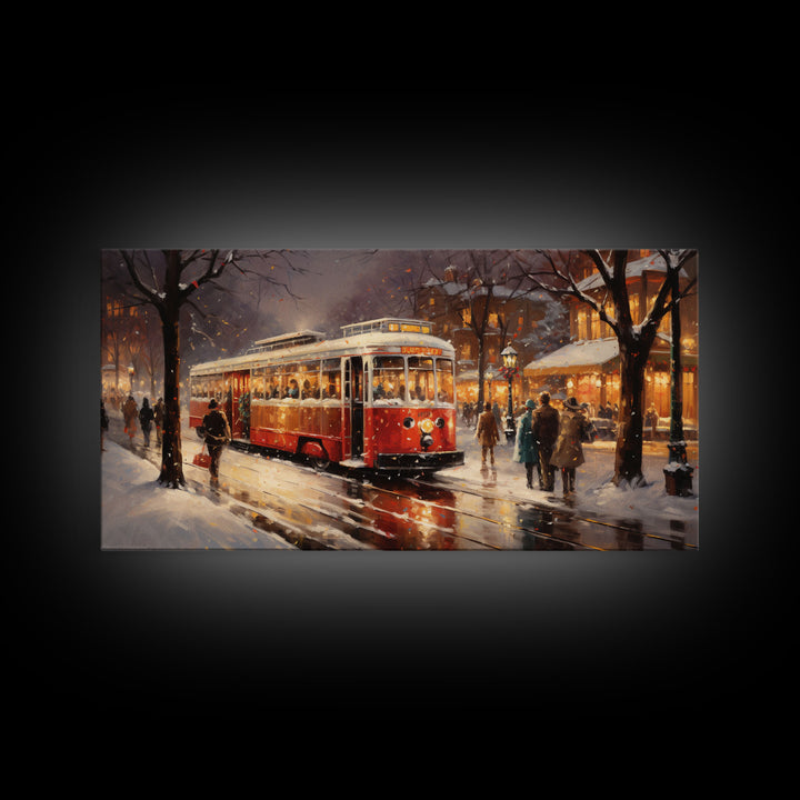 Retro Red Trolley Car Decorated For Christmas, Framed Canvas Print, Christmas Wall Art, Christmas Decor Mom Christmas Gift Christmas Village