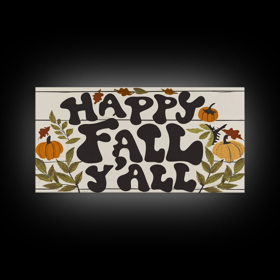 Happy Fall Y'all Typography Art, Modern Farmhouse Wall Decor, Dining Room Wall Sign Kitchen Decor Large Framed Canvas Print, Fall Wall Art