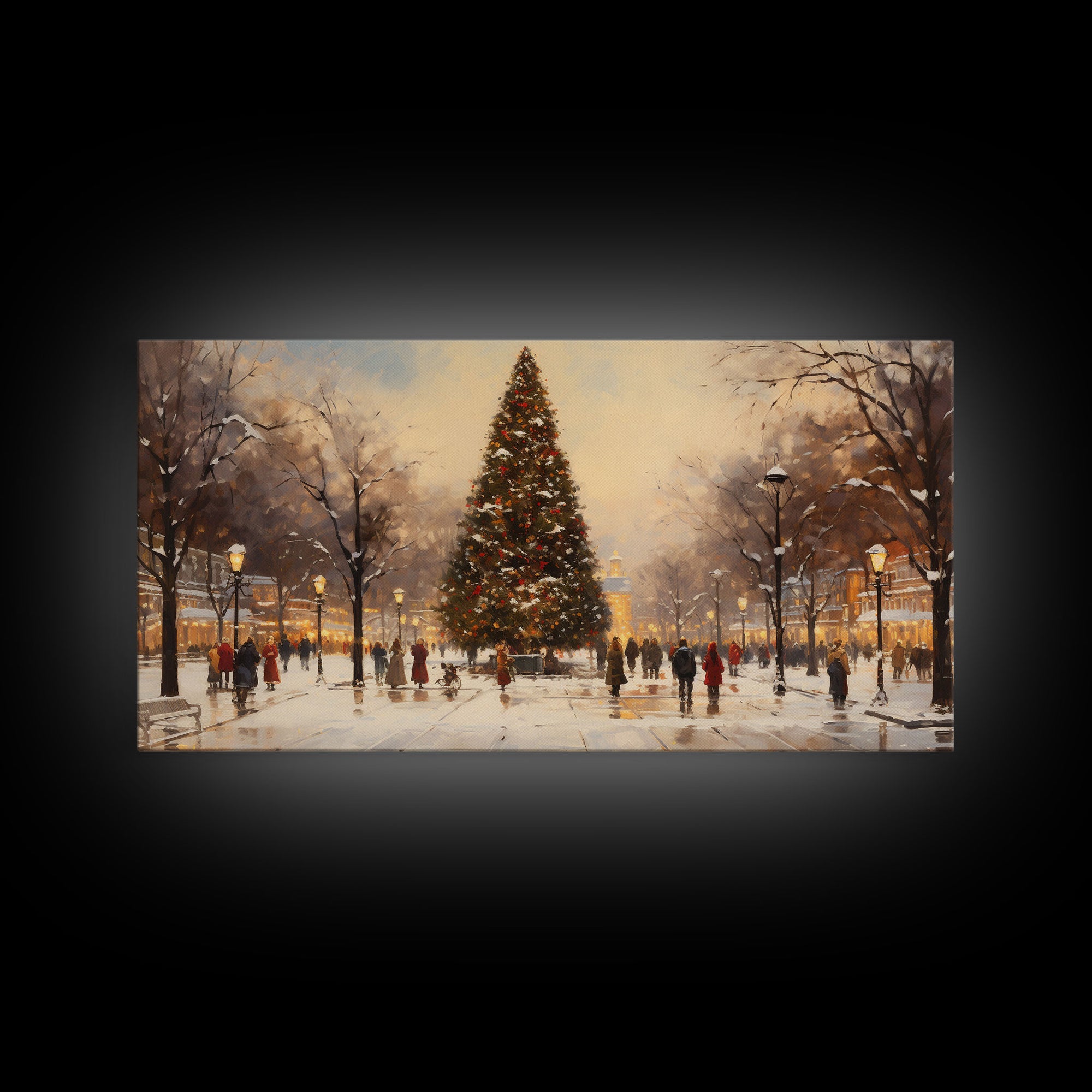 Cute Christmas Village Art, Christmas Decor, Framed Canvas Print, Holiday Painting, Seasonal Decor, Christmas Tree Art Christmas Centerpiece