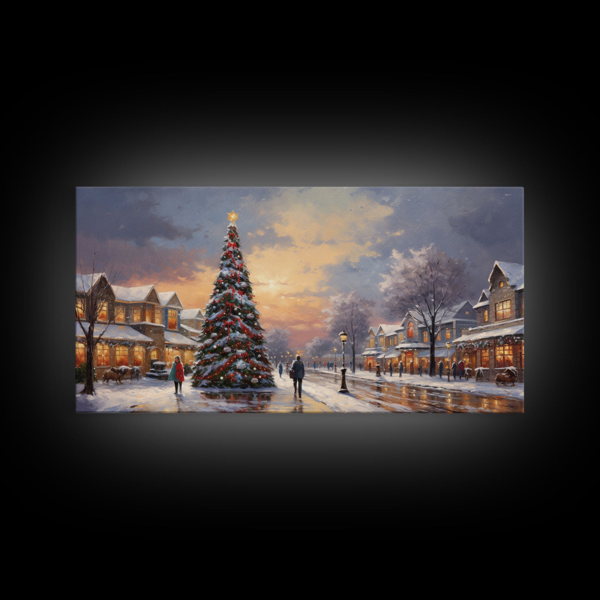 Cute Christmas Decor, Christmas Wall Art, Vintage Winter Wonderland Christmas Village Oil Painting Canvas Print, Framed Wall Art