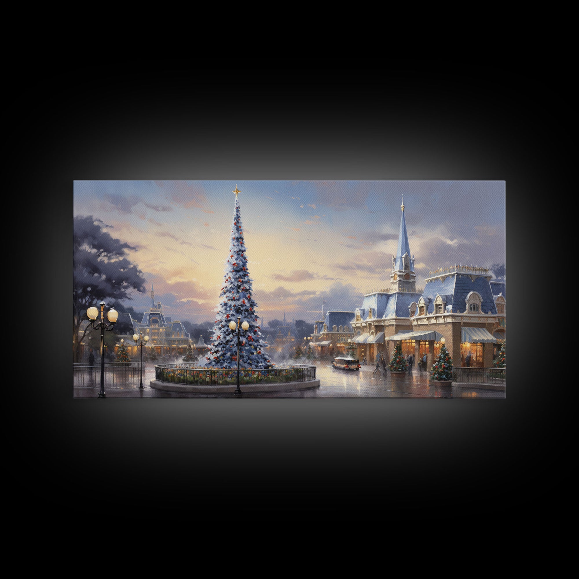 Christmas Decor Handmade, Framed Canvas Print, Beautiful Winter Wonderland Christmas Village, Christmas Tree Art