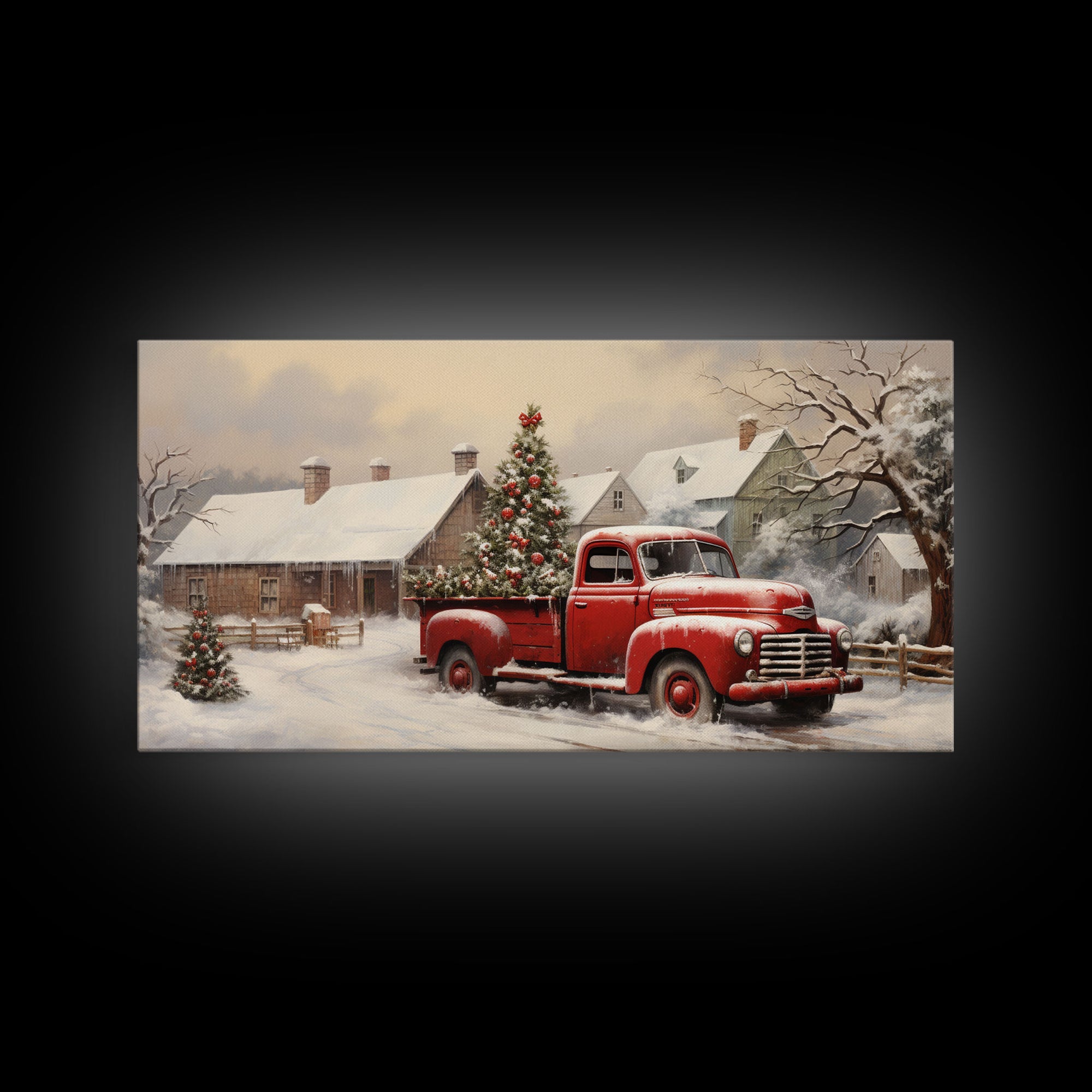 Vintage 1950s Red Truck Delivering Christmas Trees In The Snow - Framed Canvas Print - Farmhouse Christmas Decor - Retro Christmas