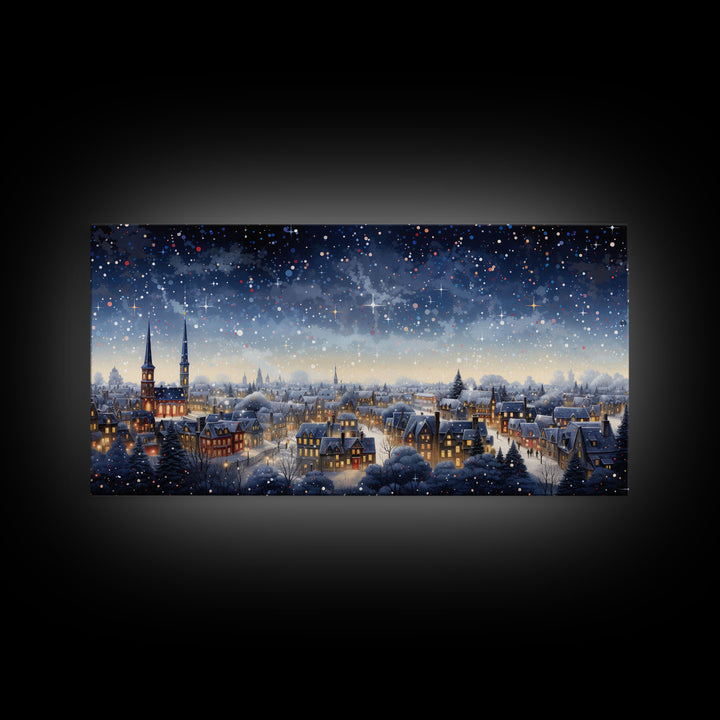 Snowfall Over A Victorian Village - Winter Decor - Christmas Wall Art - Framed Canvas Print - Winter Art Print - Winter Landscape