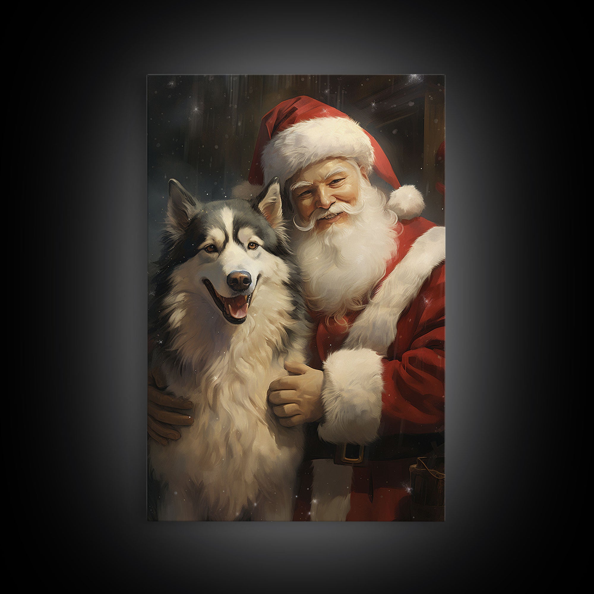 Santa Claus Holding An Alaskan Malamute,  Christmas Wall Art, Dog Gift, Christmas Dog, Winter Wall Art, Santa Decor, Santa Art Print
