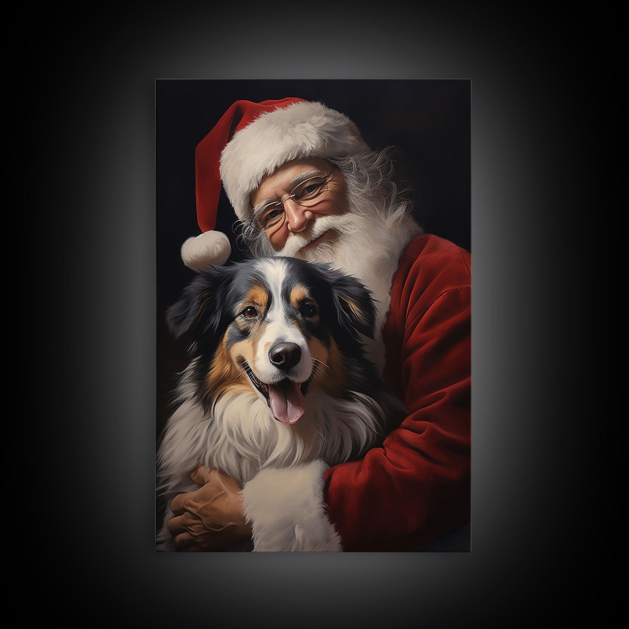 Santa Claus And His Australian Shepherd, Christmas Wall Art, Dog Gift, Christmas Dog, Winter Wall Art, Santa Decor, Santa Art Print