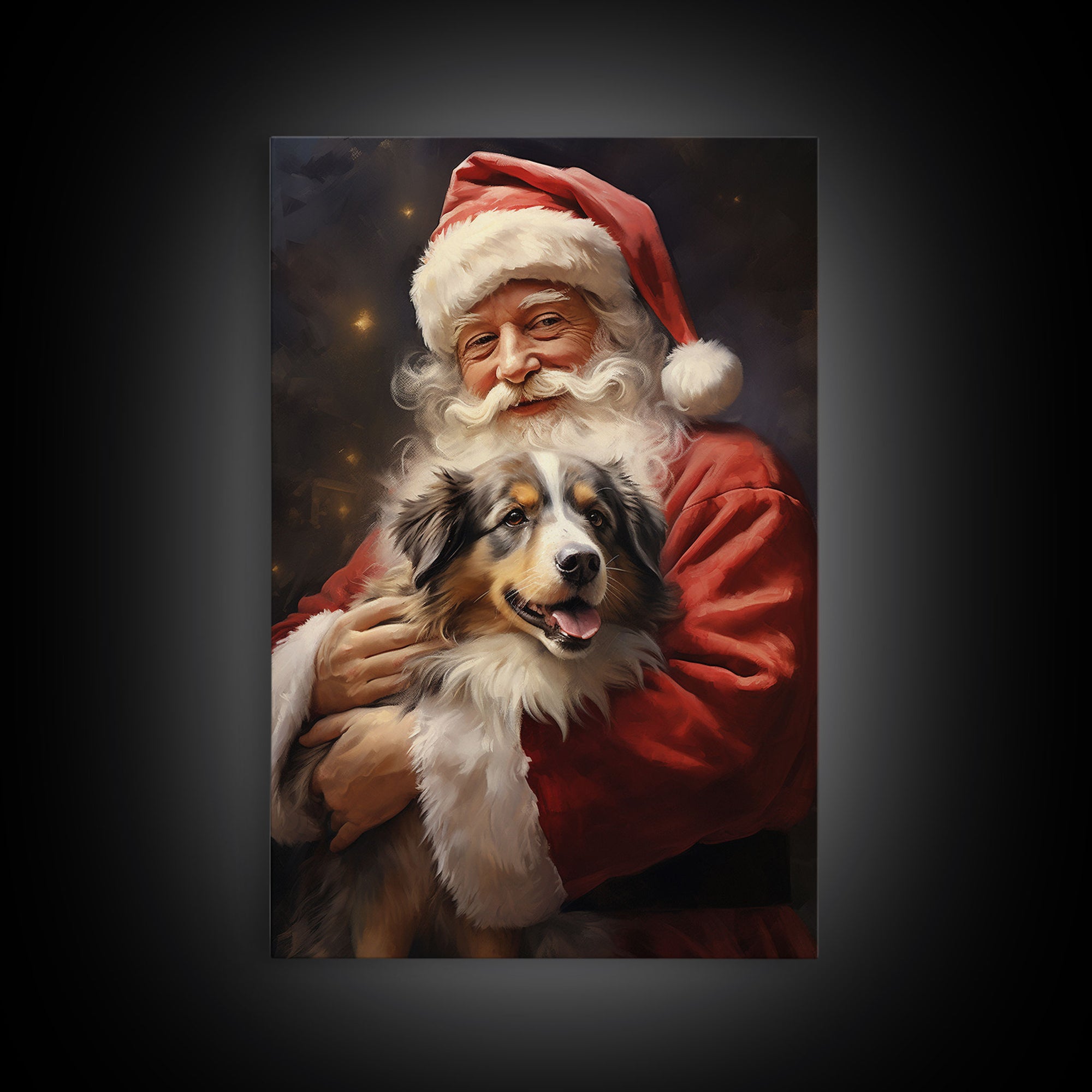 Santa Claus And His Australian Shepherd, Christmas Wall Art, Dog Gift, Christmas Dog, Winter Wall Art, Santa Decor, Santa Art Print