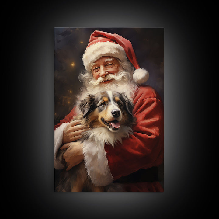 Santa Claus And His Australian Shepherd, Christmas Wall Art, Dog Gift, Christmas Dog, Winter Wall Art, Santa Decor, Santa Art Print