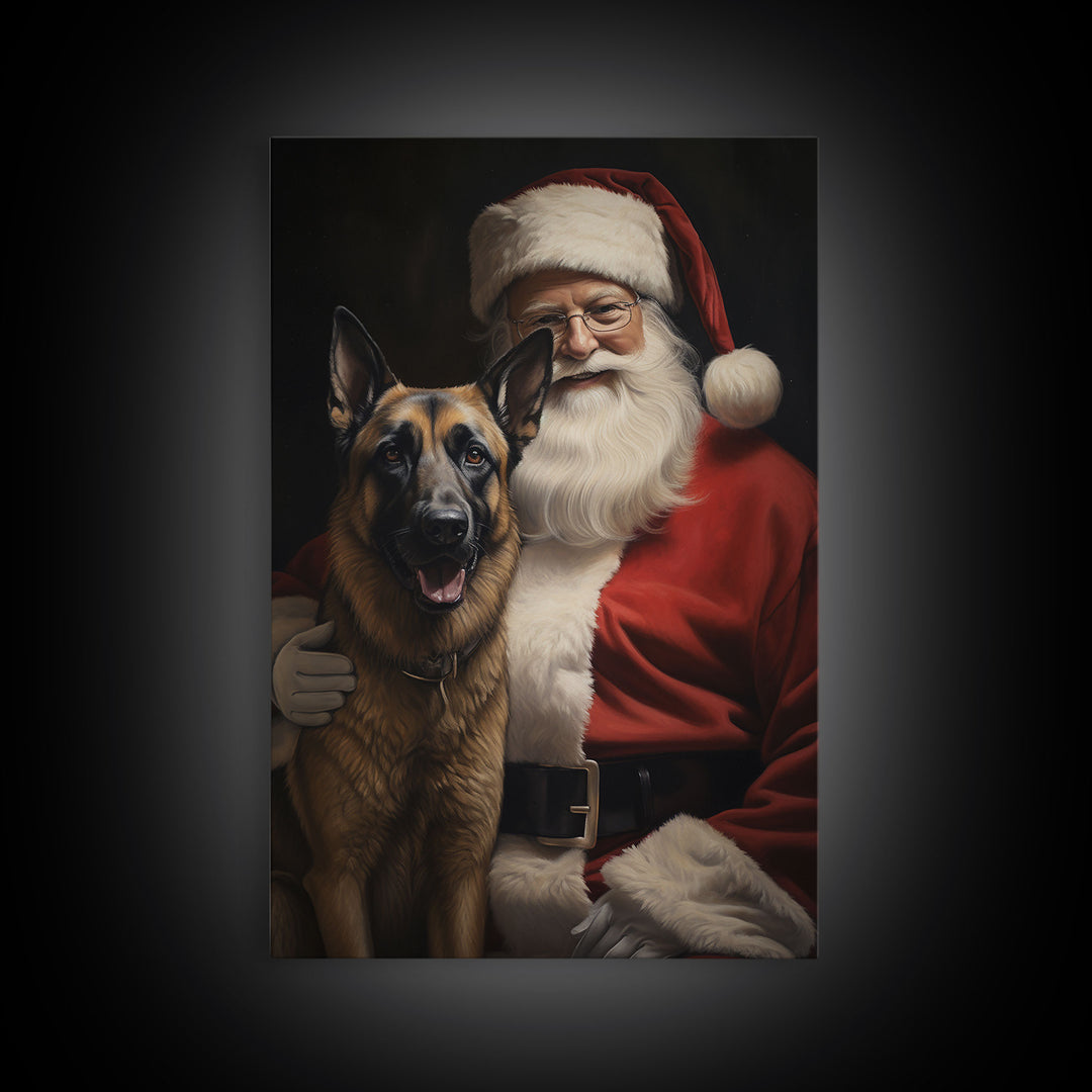 Santa Claus and his Belgian Malinois, Cute Dog Art, Framed Canvas Print, Christmas Art, Christmas Decor, Christmas Art Print, Cute Dog Print