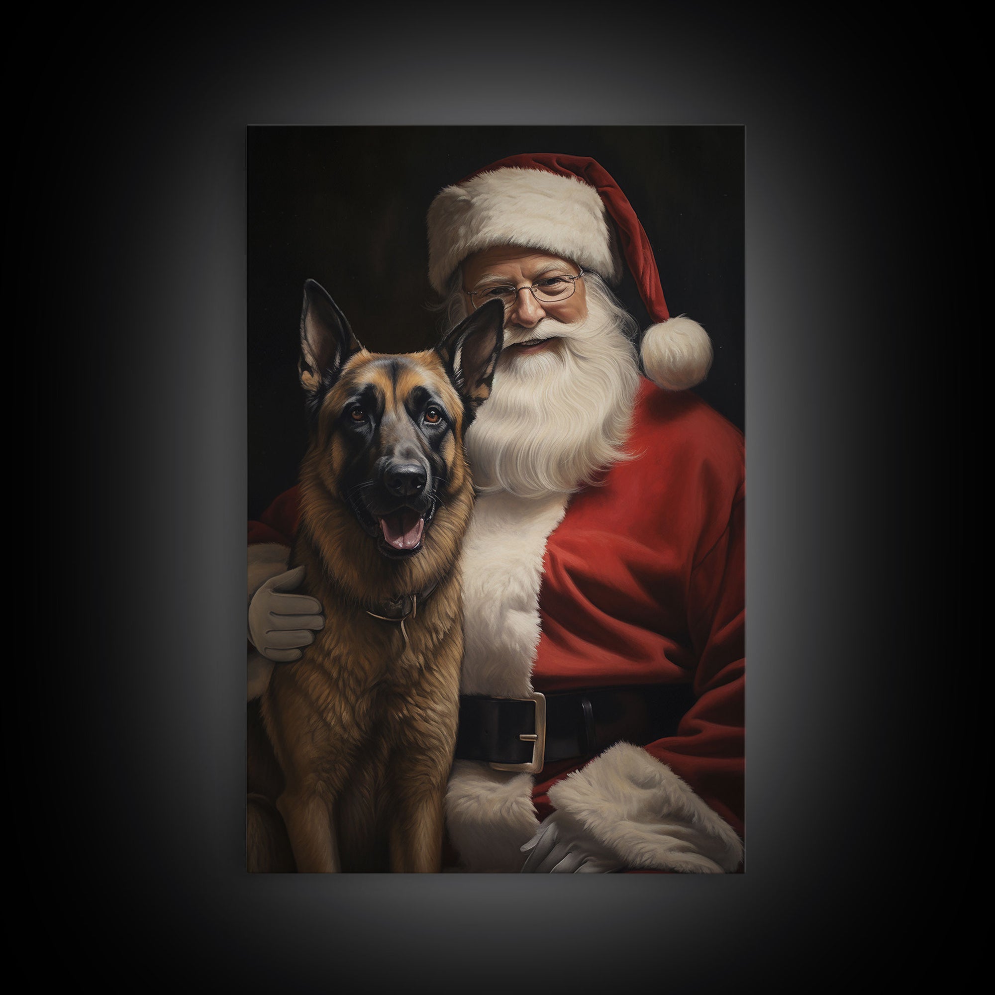 Santa Claus and his Belgian Malinois, Cute Dog Art, Framed Canvas Print, Christmas Art, Christmas Decor, Christmas Art Print, Cute Dog Print