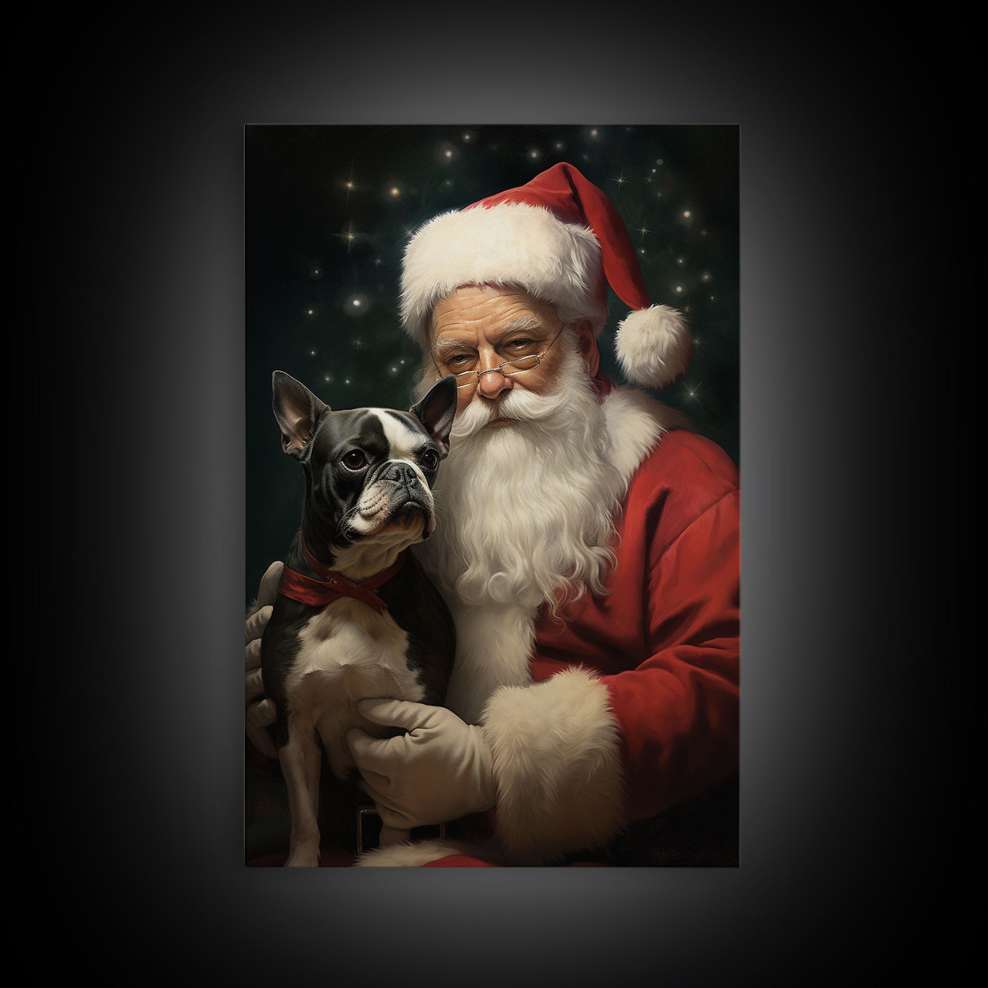 Santa Claus And His Boston Terrier, Christmas Wall Art, Dog Gift, Christmas Dog, Winter Wall Art, Santa Decor, Santa Art Print, Cute Dog
