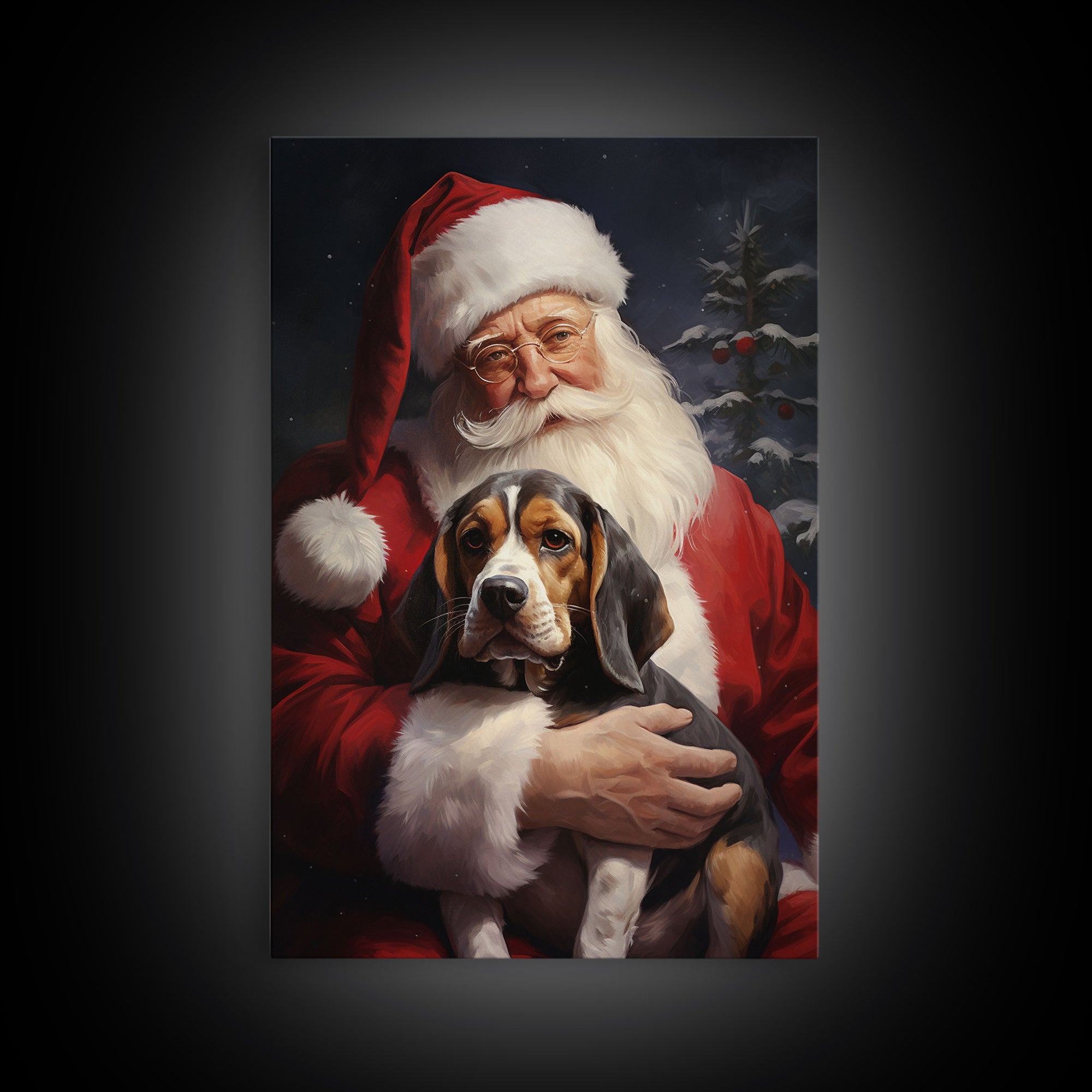 Santa Claus and his Beagle, Cute Dog Art, Framed Canvas Print, Christmas Art, Christmas Decor, Christmas Art Print, Christmas Wall Art