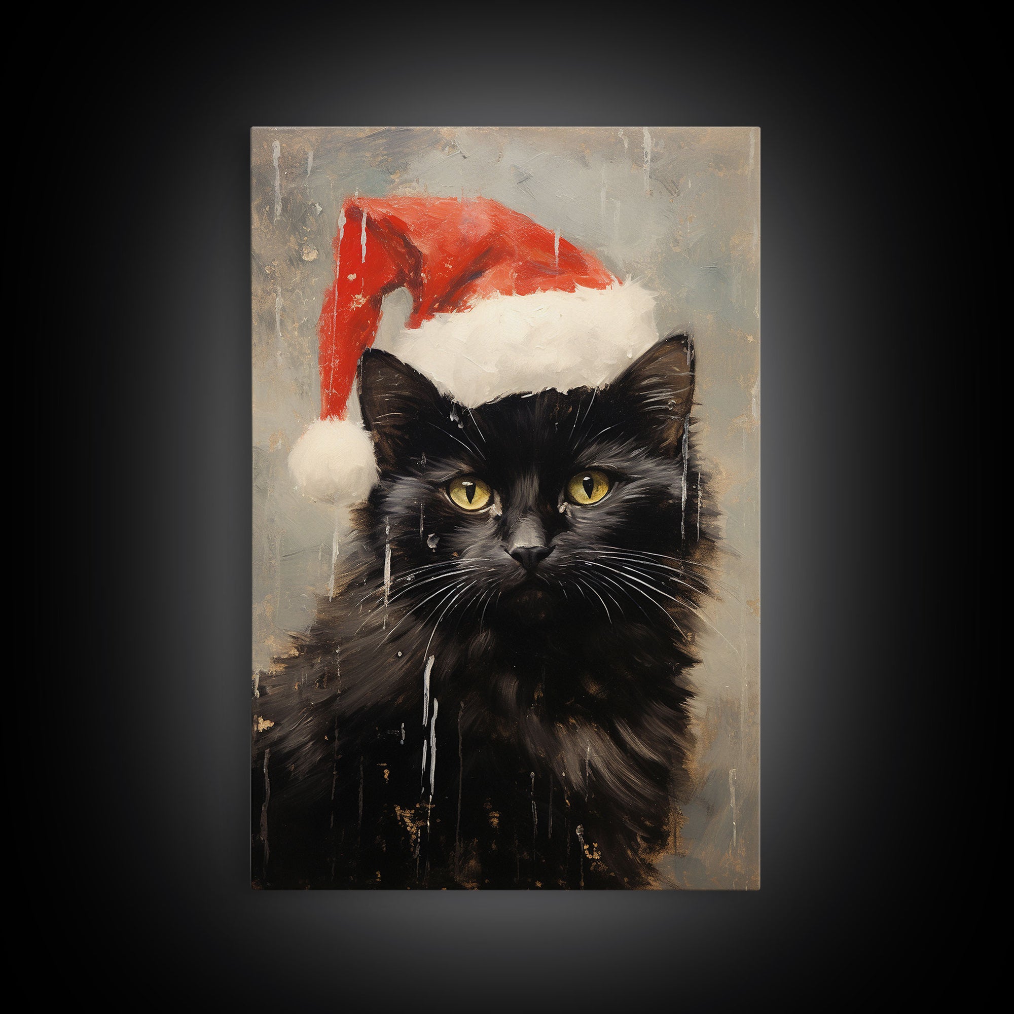 Christmas Cat In A Christmas Hat, Farmhouse Christmas, Farmhouse Decor, Framed Canvas Print, Seasonal Wall Art, Winter Decor, Christmas Art