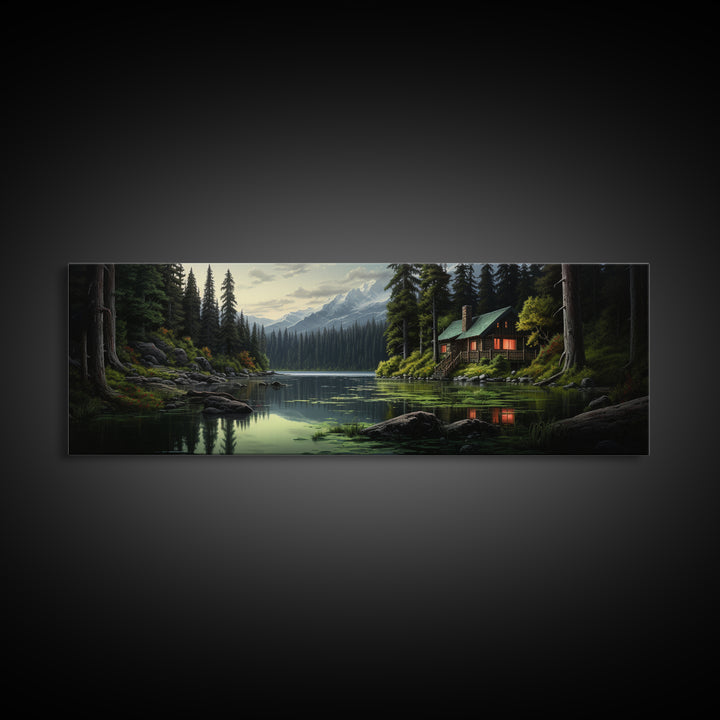 Cozy Cabin on The Lake, Framed Canvas Print, Farmhouse Decor, Landscape Painting, Unique Wall Art