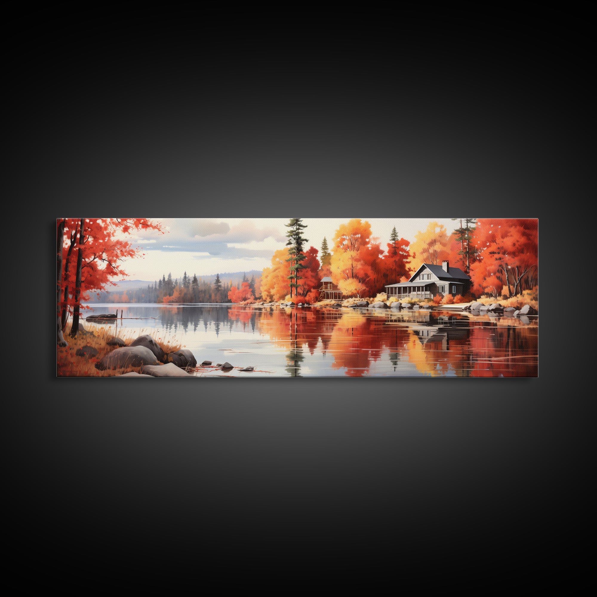 Autumn Cozy Cabin on The Lake, Framed Canvas Print, Farmhouse Decor, Landscape Painting, Unique Wall Art, Fall Decor