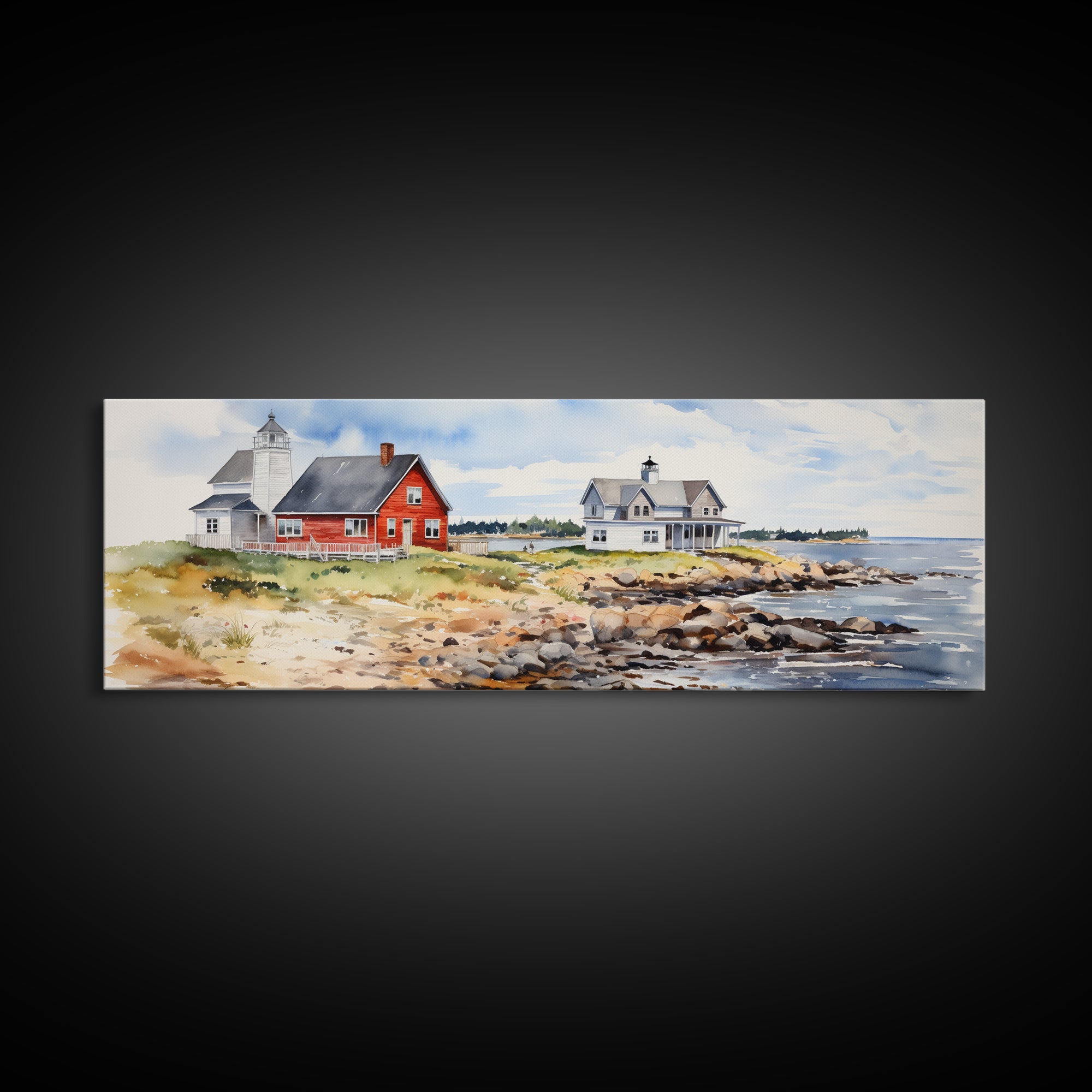 Maine watercolor painting Framed Canvas Print, Maine Seaside Print, Lupine Art Print, Maine Art Print, Lupine Painting, Maine landscape art