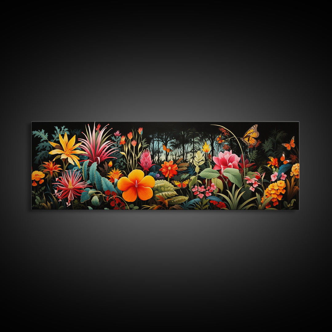 Beautiful Tropical Print "The Jungle" Framed Canvas Print, Panoramic Art, Extra Wide Wall Decor, Living Room Decor