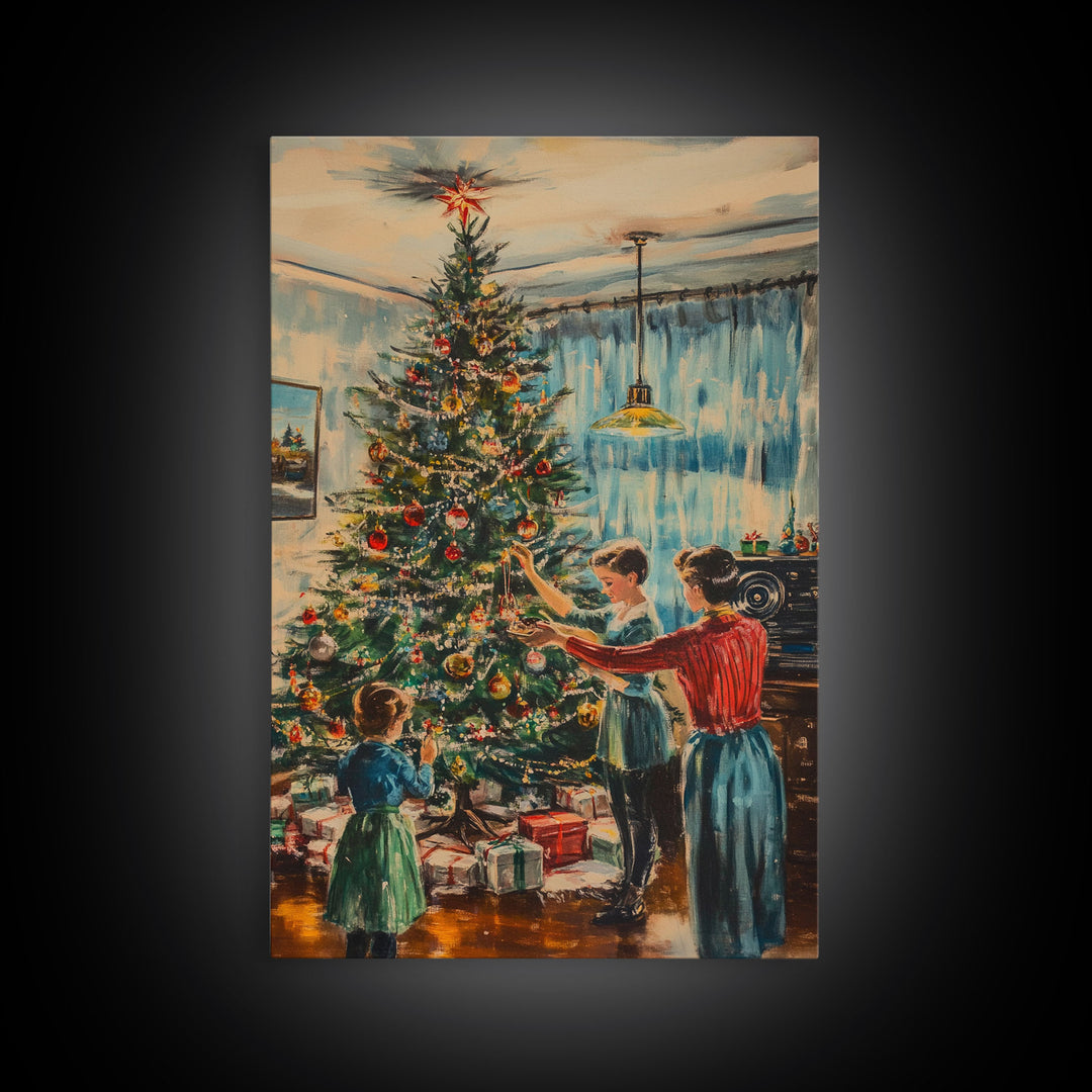 Family Decorating Christmas Tree in Cozy Living Room, Vintage Holiday Scene, Perfect Christmas Wall Decor, Framed Canvas Print