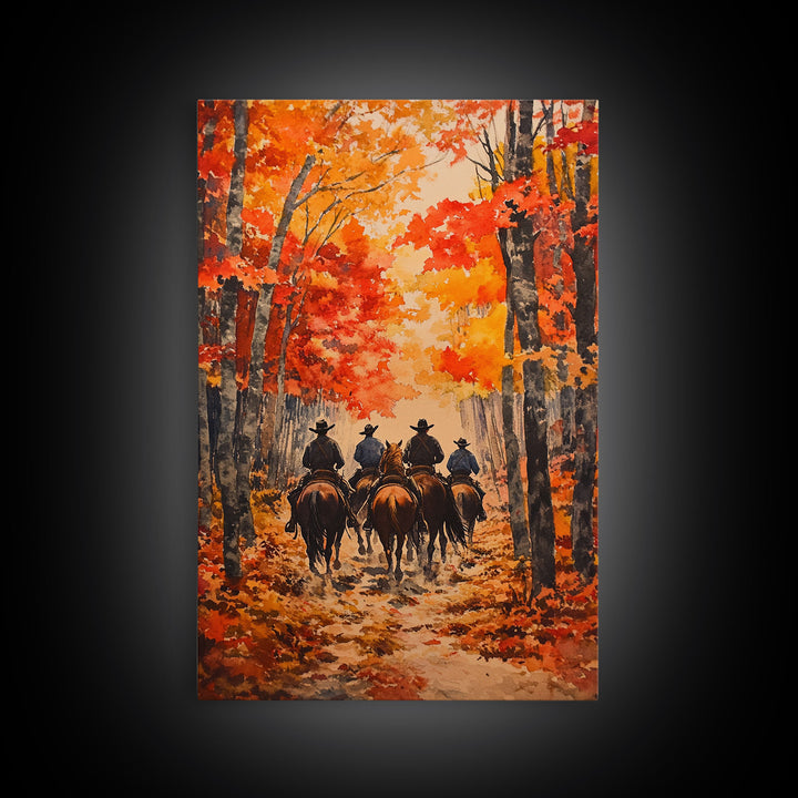 Cowboys Riding Into Town On Thanksgiving, Western Fall Decor, Framed Canvas Print, Autumn Outdoor Decor, Christmas poster