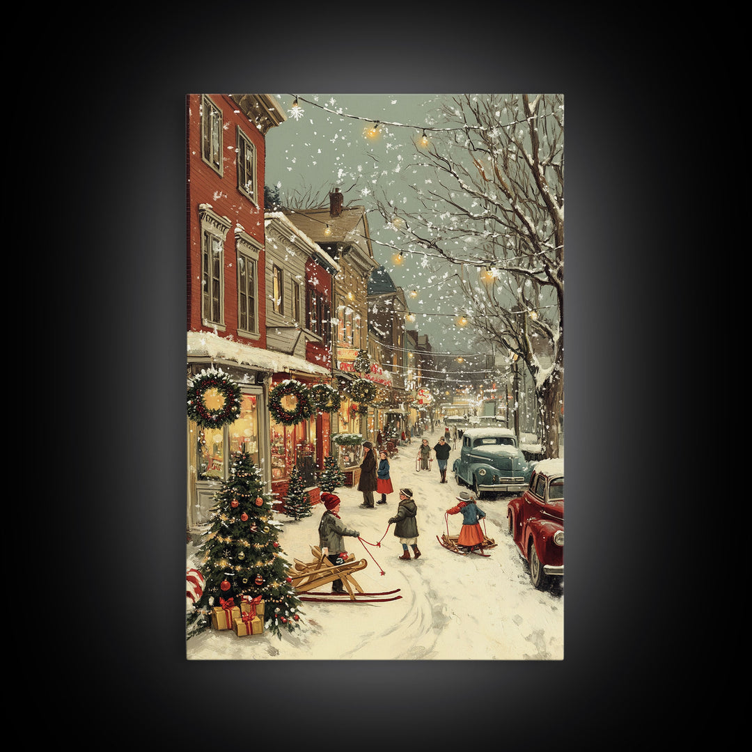 Vintage Christmas Town Scene with Children Playing in Snow, Holiday Street Decor and Wreaths, Framed Canvas Print for Winter Wall Art