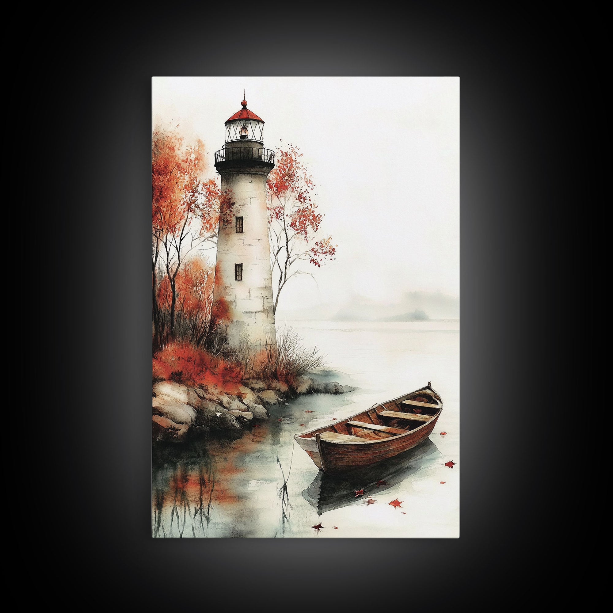 Lighthouse In The Fall, Framed Canvas Print, Fall Decor, Autumn Centerpiece Art, Boho Minimalist Style Wall Art